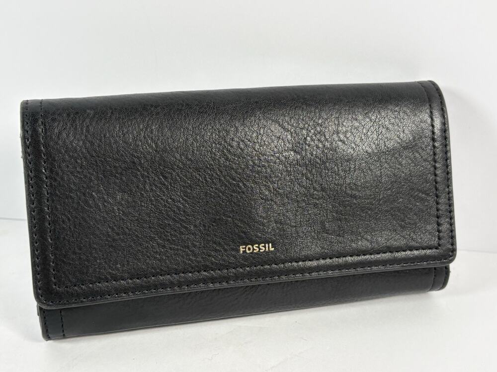 Fossil Womens Black Leather Flap Wallet Clutch Snap Zipper Coin Pocket ID Window